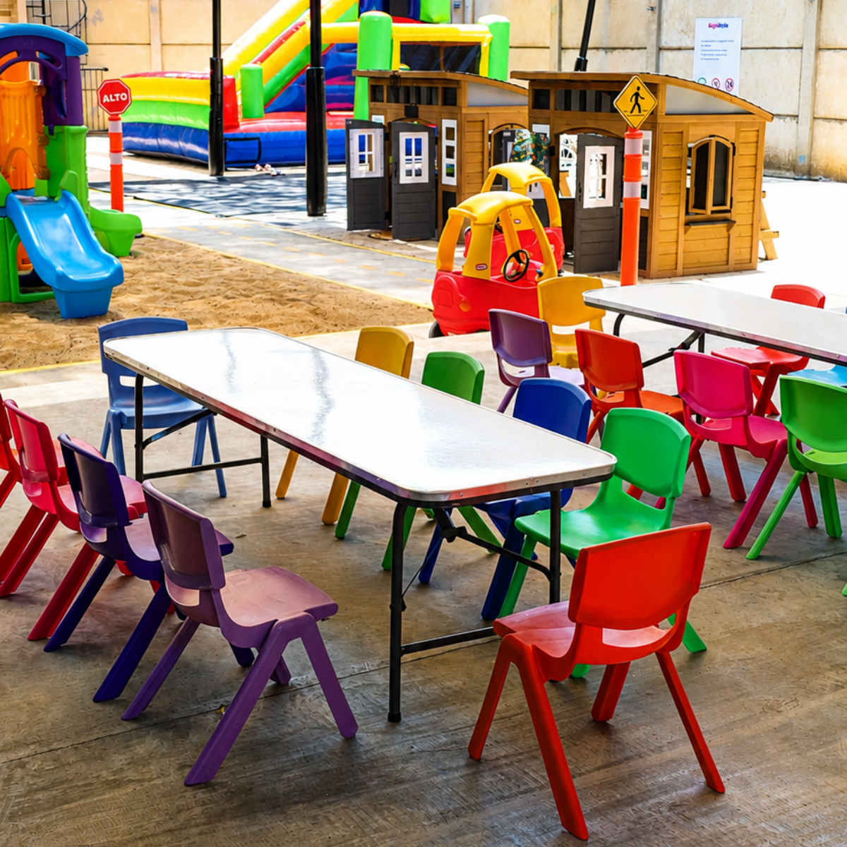 Área infantil con mesas, sillas de colores, inflable y juegos en Diversitopía.