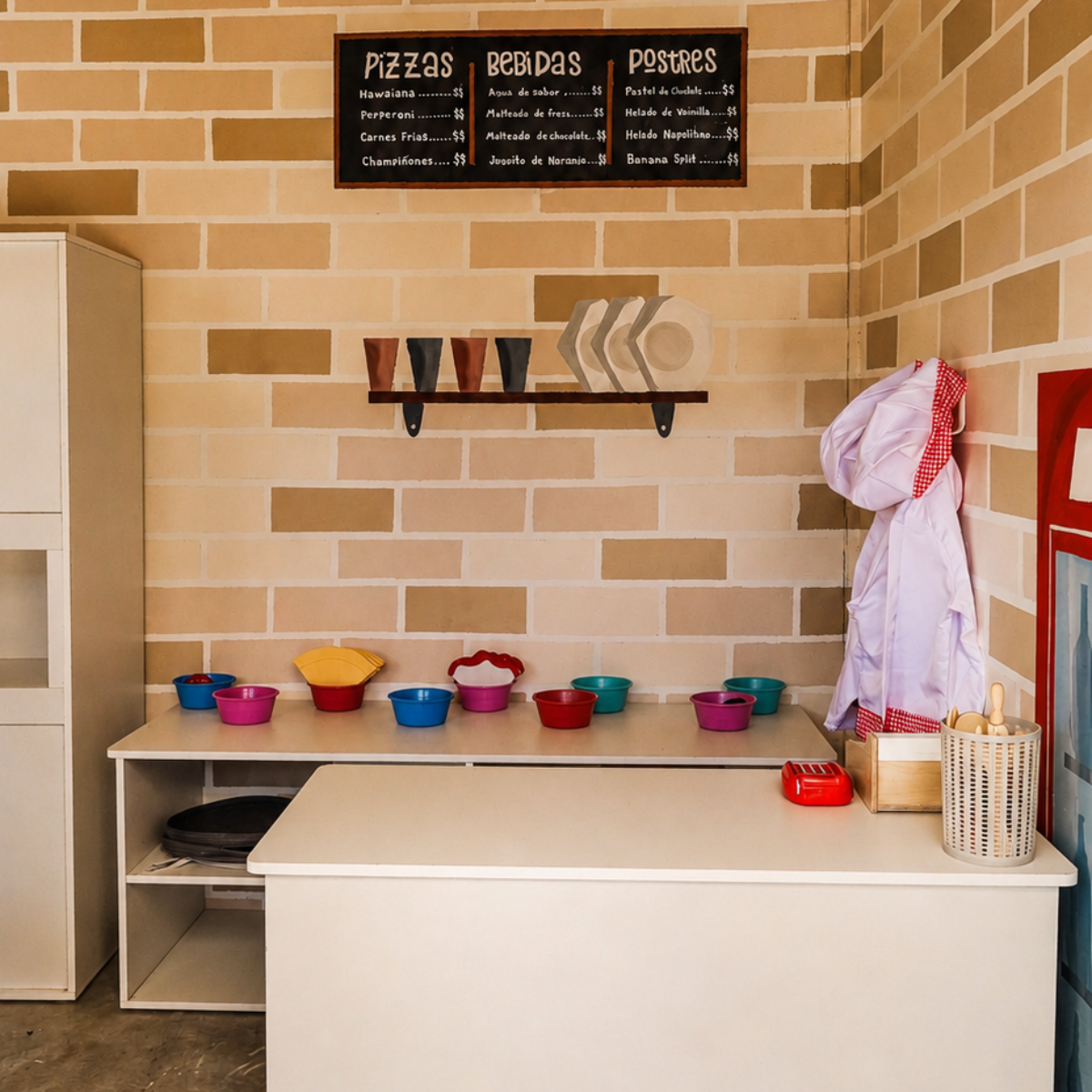 Cocina de juguete de la pizzería infantil dentro de Diversitopía.
