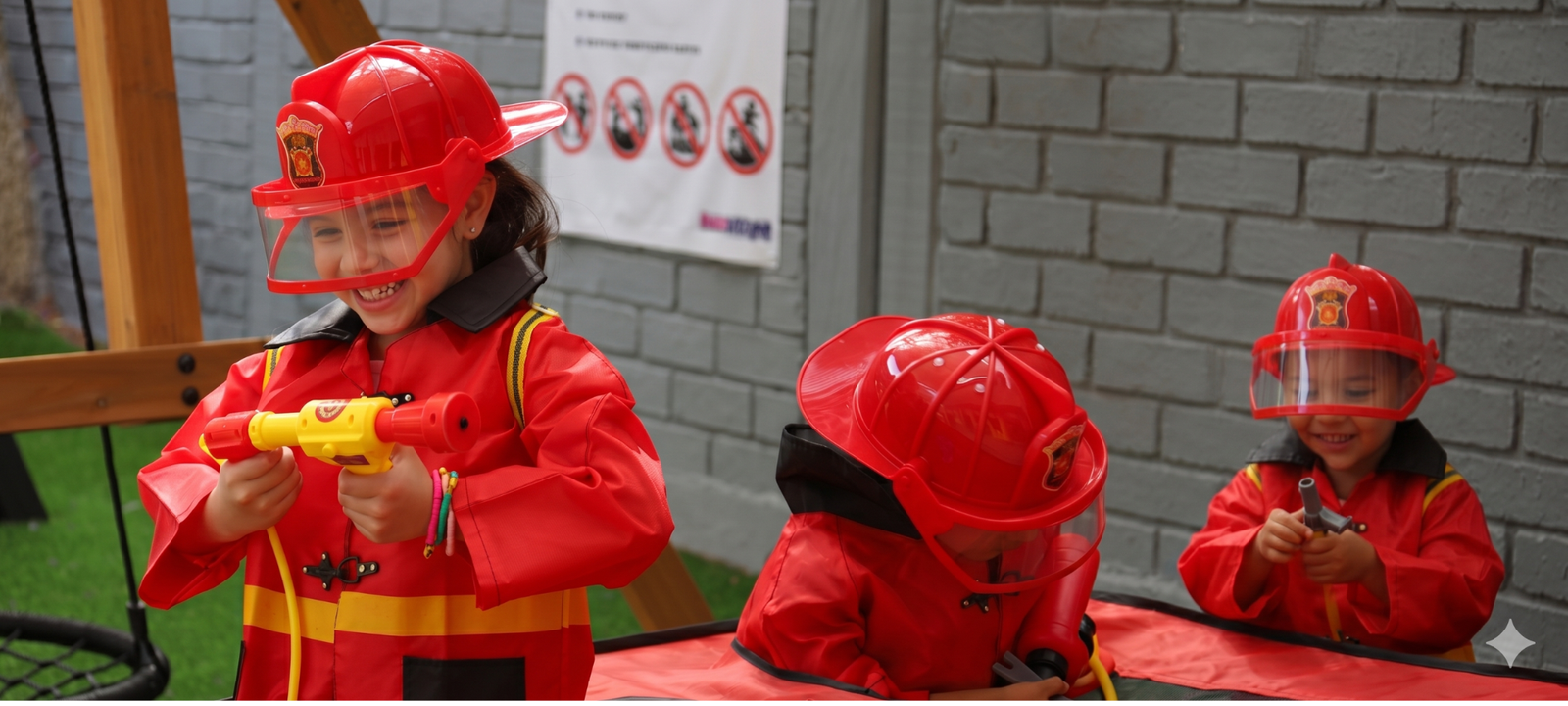 Niñas jugando en el área de bomberos de Diversitopía.