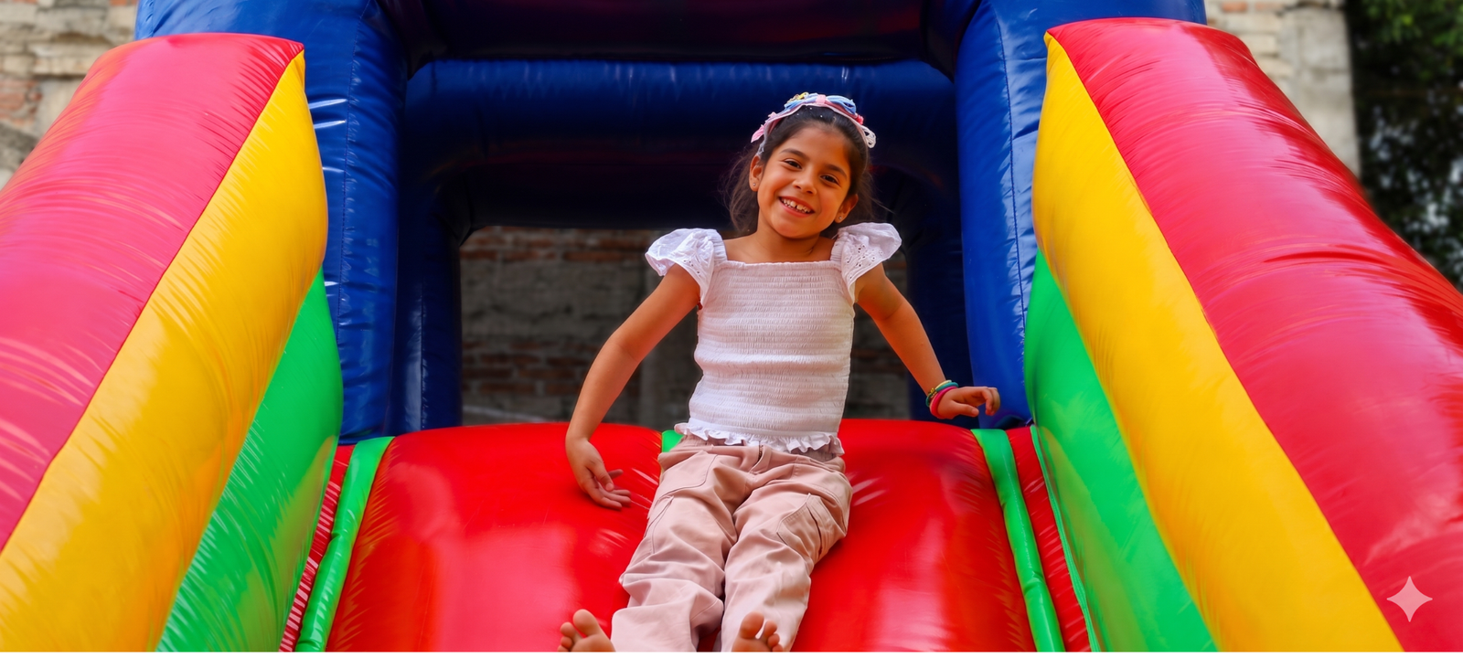 Niña sonriendo en inflable de colores en Diversitopía.