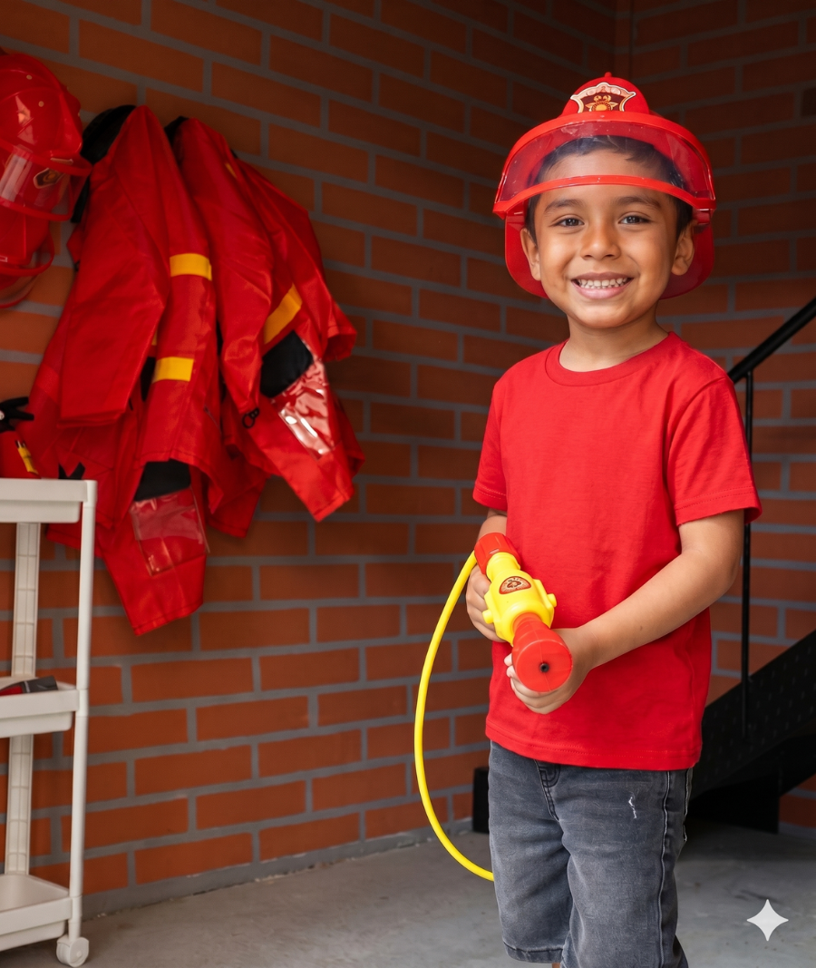 Niño disfrazado de bombero en la estación de juegos de Diversitopía.