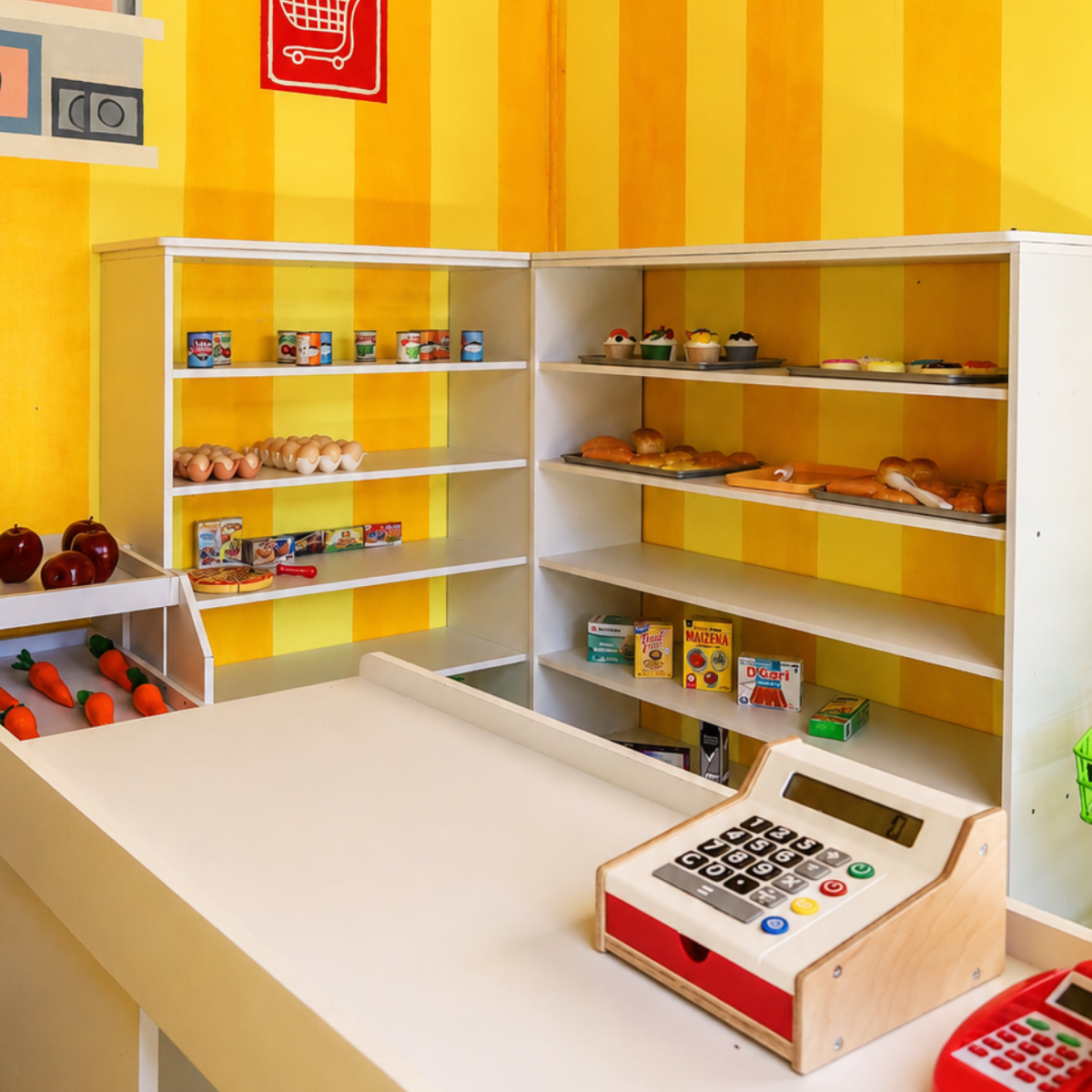Supermercado infantil con caja registradora y productos de juguete en Diversitopía.